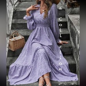 Boho Floral Print Smocked Long Sleeve Maxi Dress Purplr